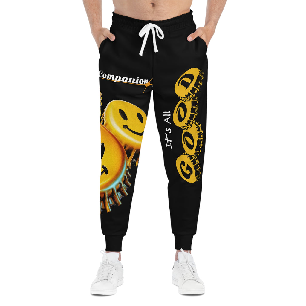 Joggers-Smiley Bottle Cap Athletic Joggers — "It's All Good" Graphic