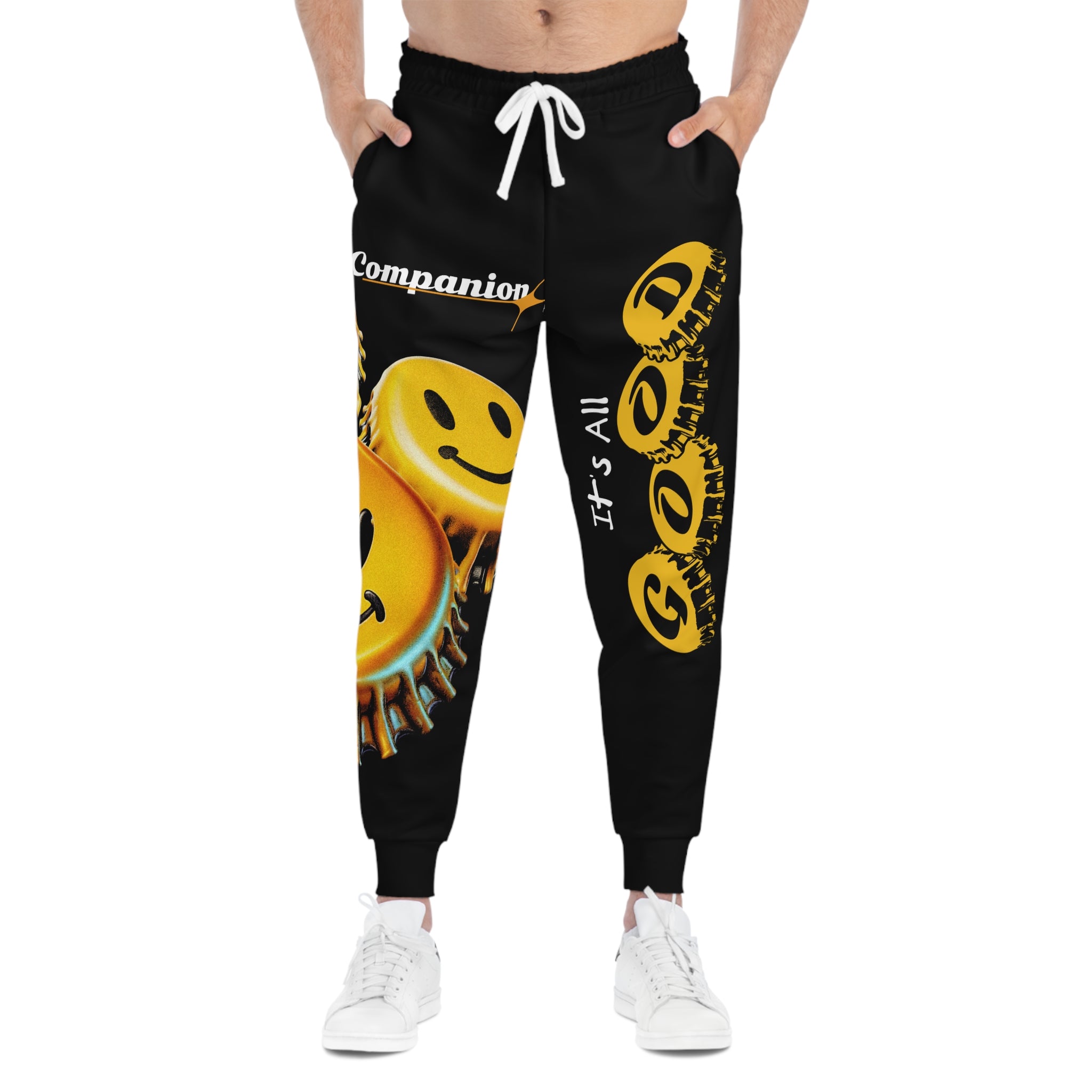 Joggers-Smiley Bottle Cap Athletic Joggers — "It's All Good" Graphic