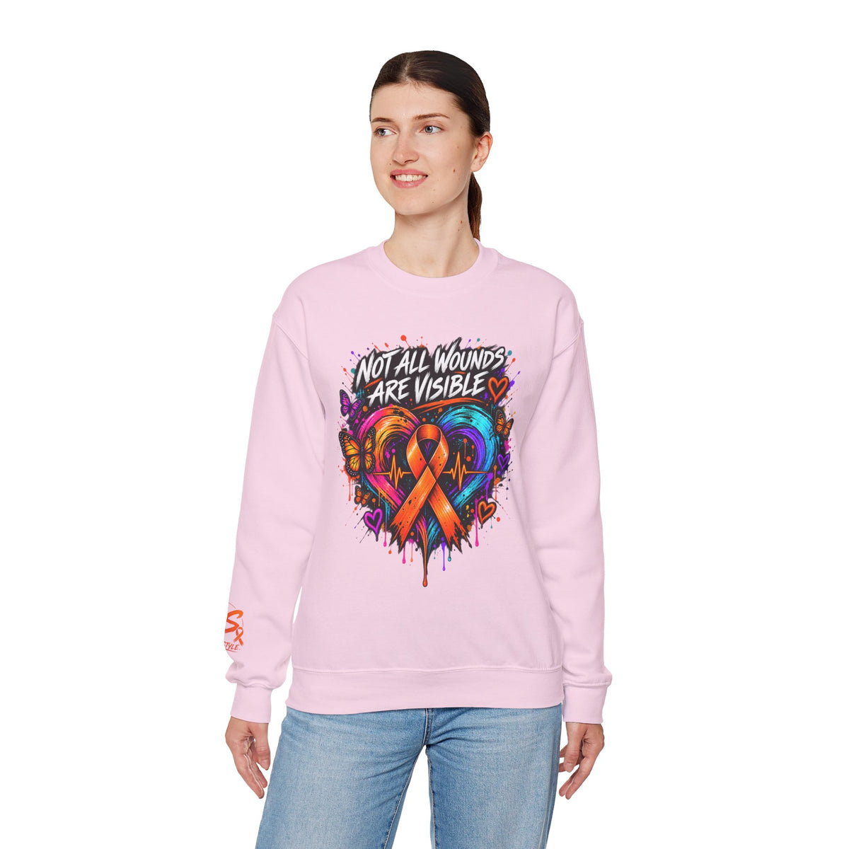 MS- Awareness Crewneck Sweatshirt — "Not All Wounds Are Visible" Orange Ribbon Design