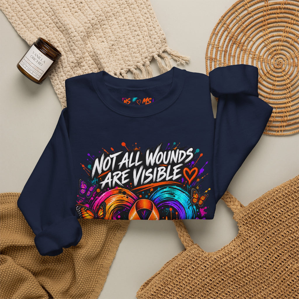 MS- Awareness Crewneck Sweatshirt — "Not All Wounds Are Visible" Orange Ribbon Design