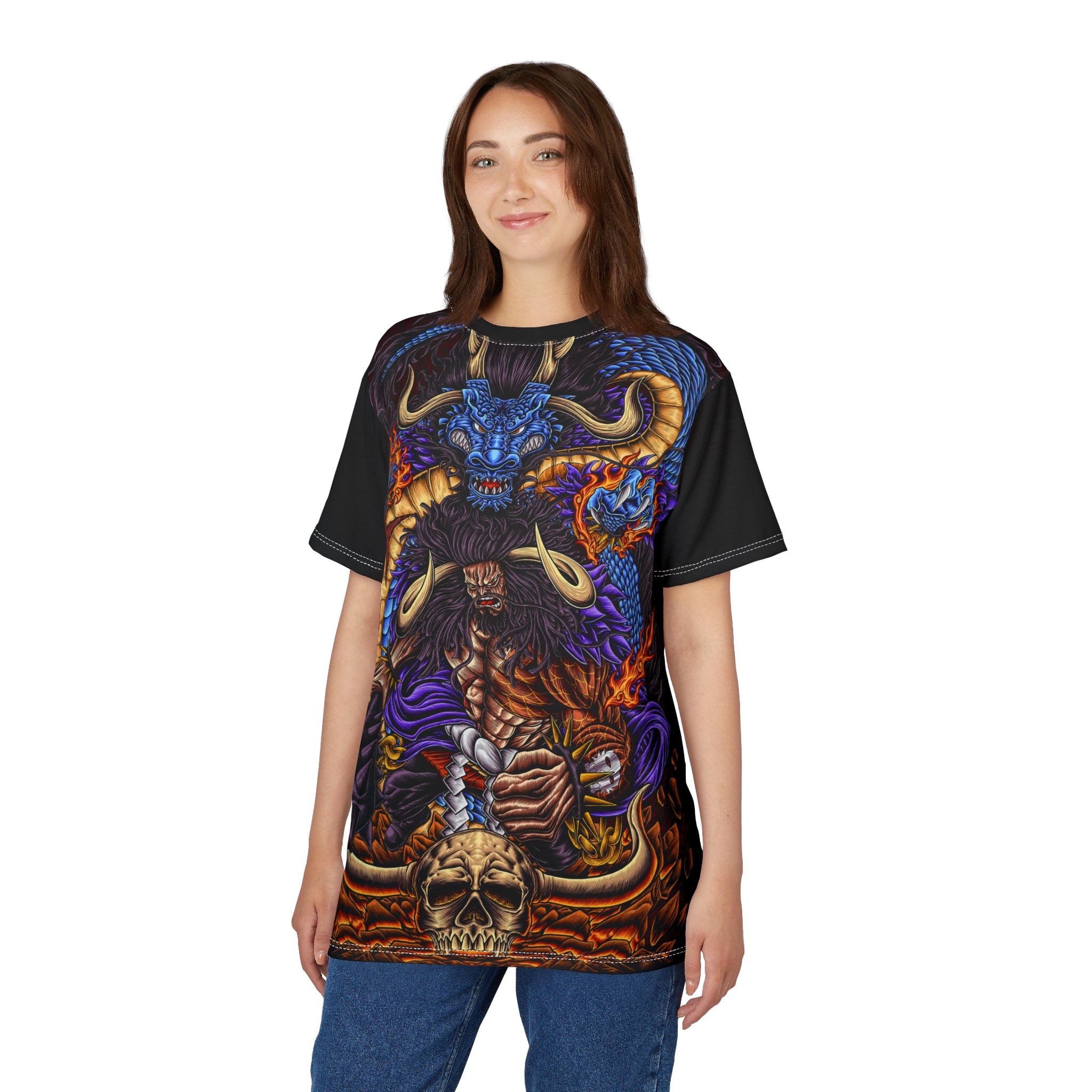 Anime- All-Over Print Tee — Fiery Skull & Serpent Graphic