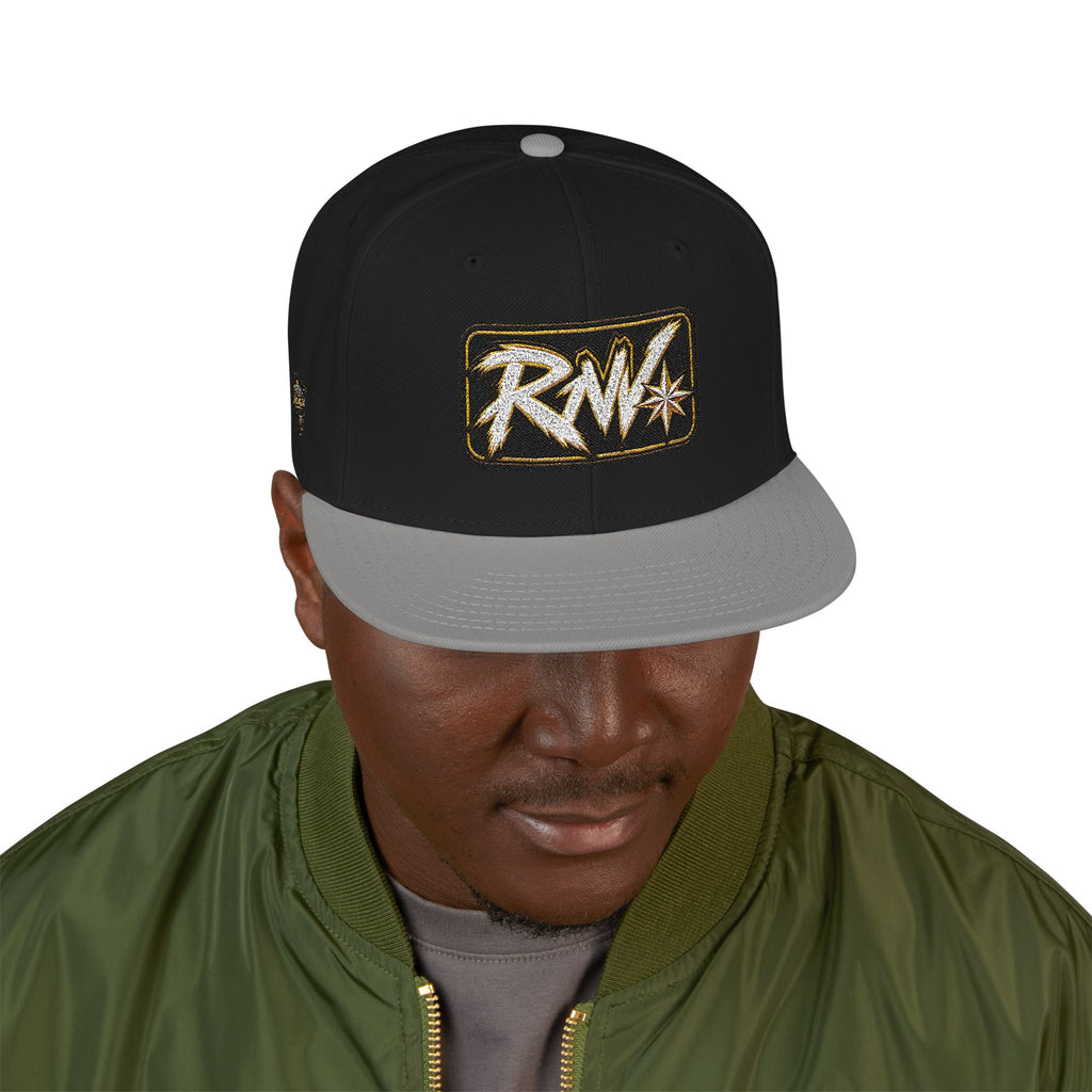 Hat-Embroidered Snapback Hat – Gold Glitter 'RW' Logo Flat Brim Cap