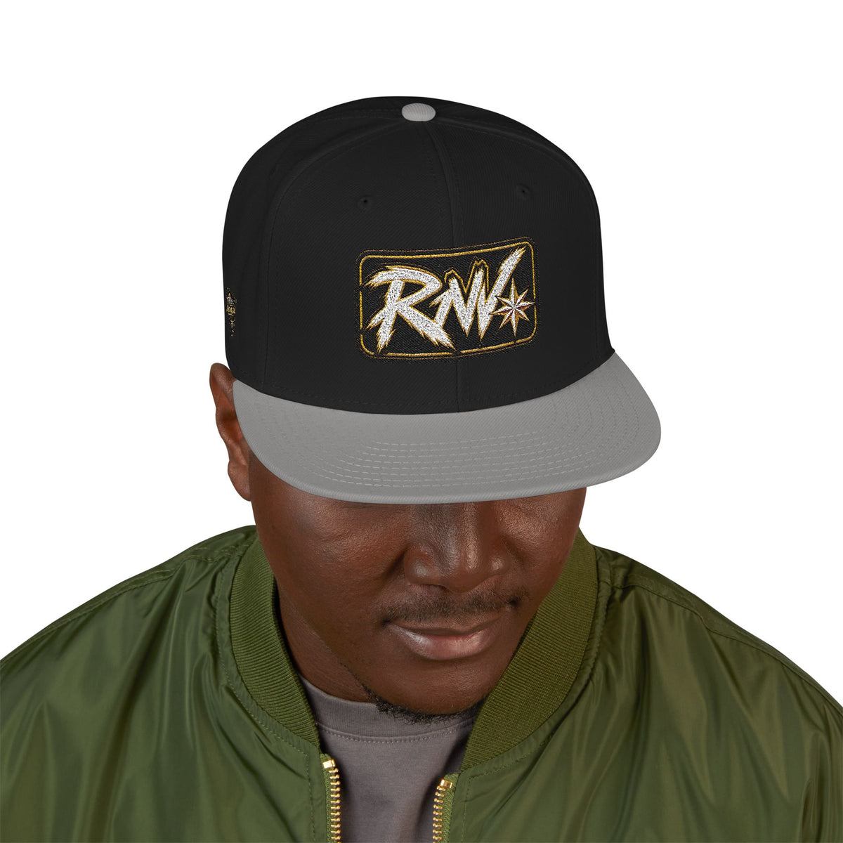 Hat-Embroidered Snapback Hat – Gold Glitter 'RW' Logo Flat Brim Cap
