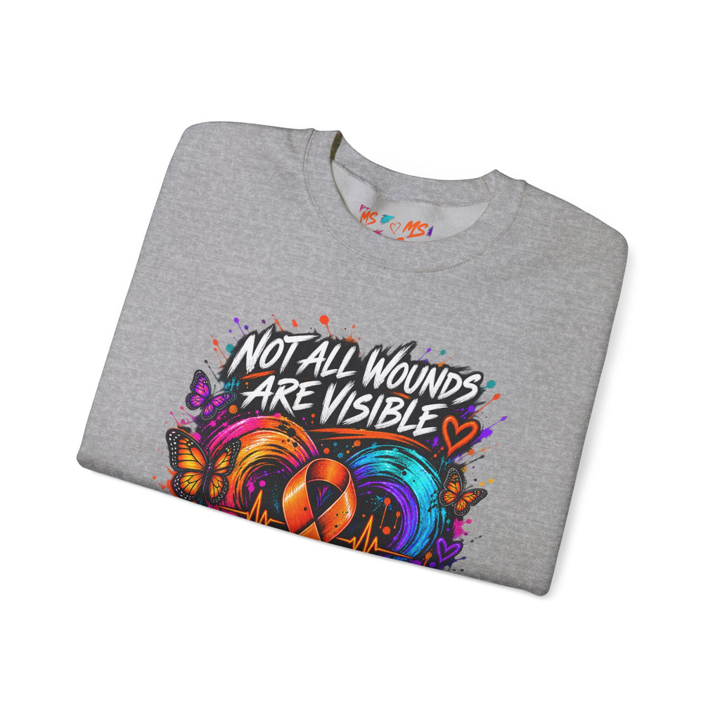 MS- Awareness Crewneck Sweatshirt — "Not All Wounds Are Visible" Orange Ribbon Design
