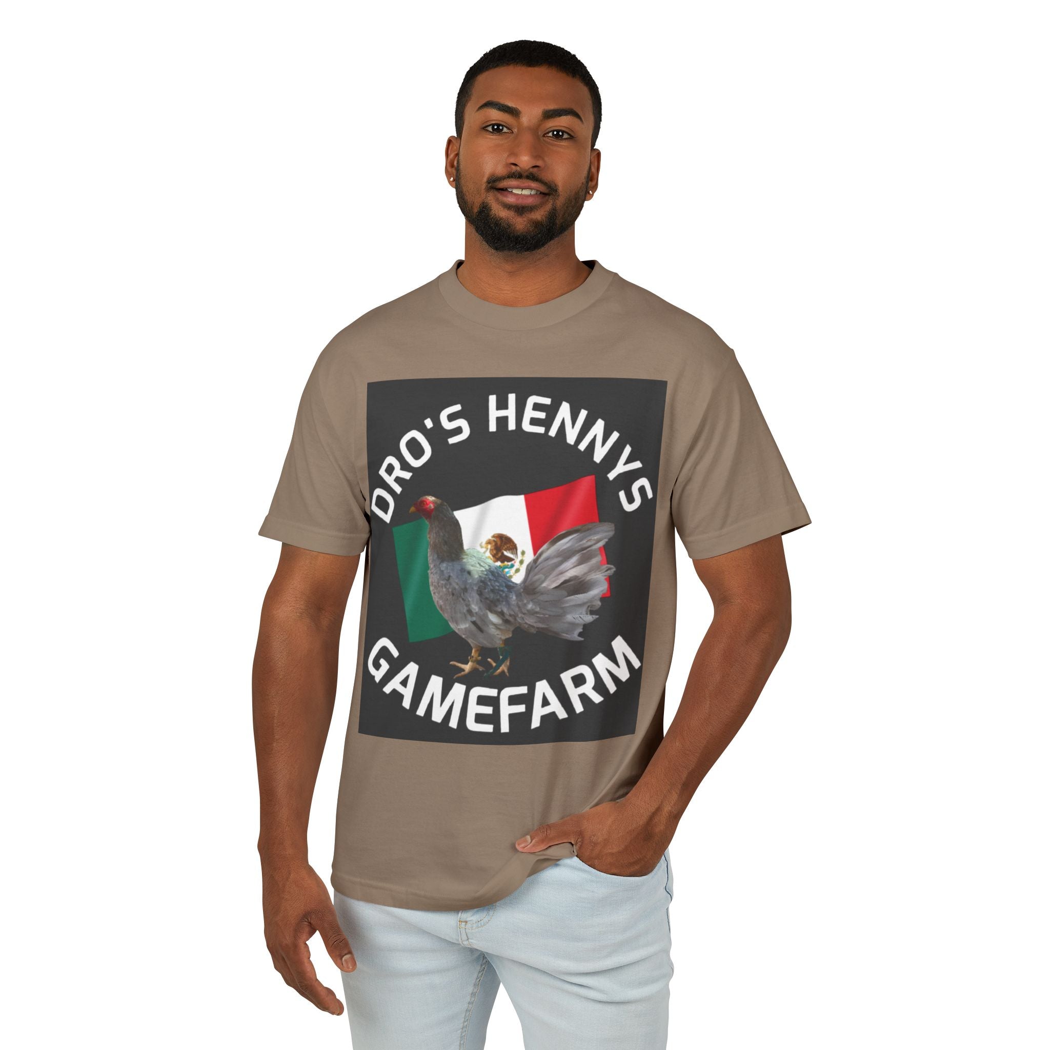 Henny-Gamefarm Hen T‑Shirt — "Dro's Henny's Gamefarm" Mexican Flag Poultry Tee
