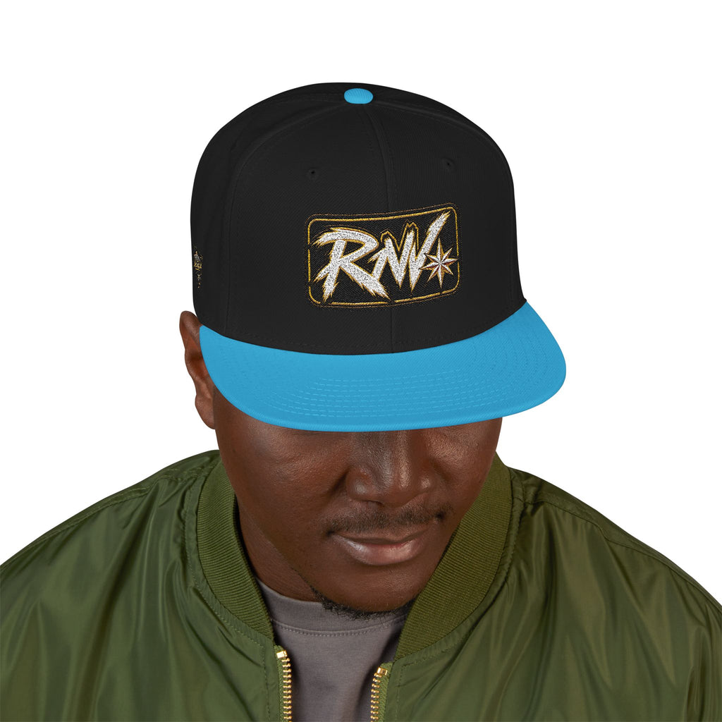 Hat-Embroidered Snapback Hat – Gold Glitter 'RW' Logo Flat Brim Cap