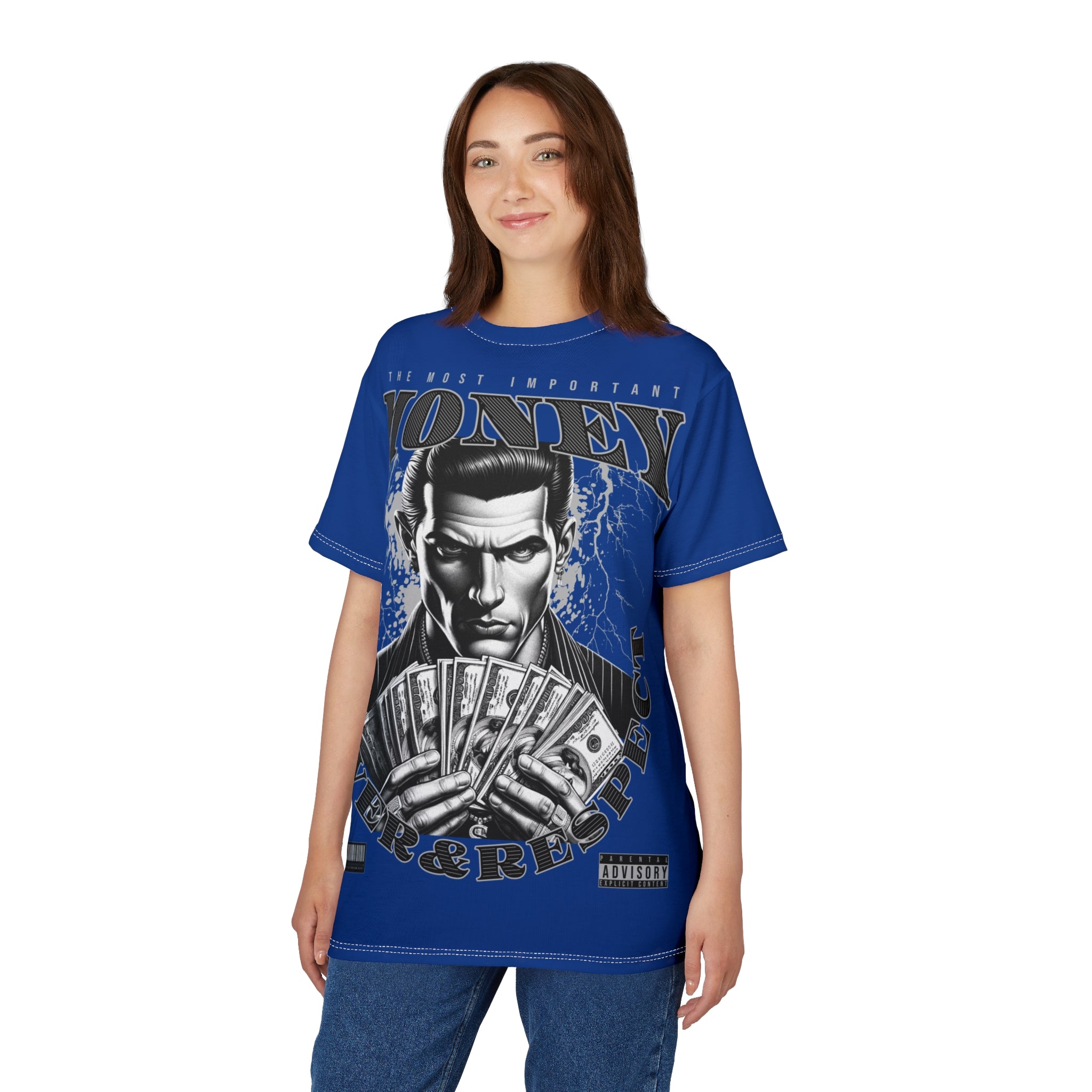 Streetwear-Money Power & Respect Graphic Tee — Bold Blue All-Over Print