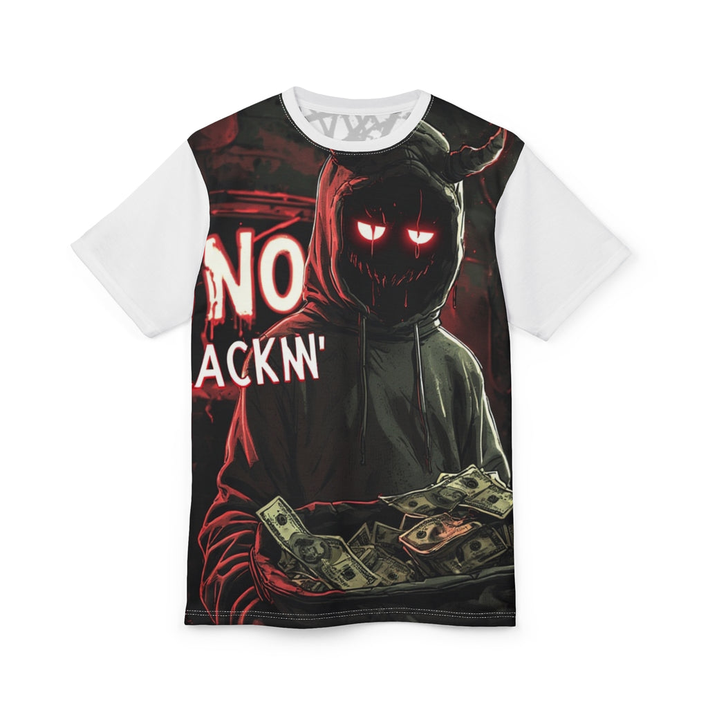 Streetwear-Hooded Shadow Figure Tee — 'No Back'n' Money' Dark Streetwear Graphic Shirt