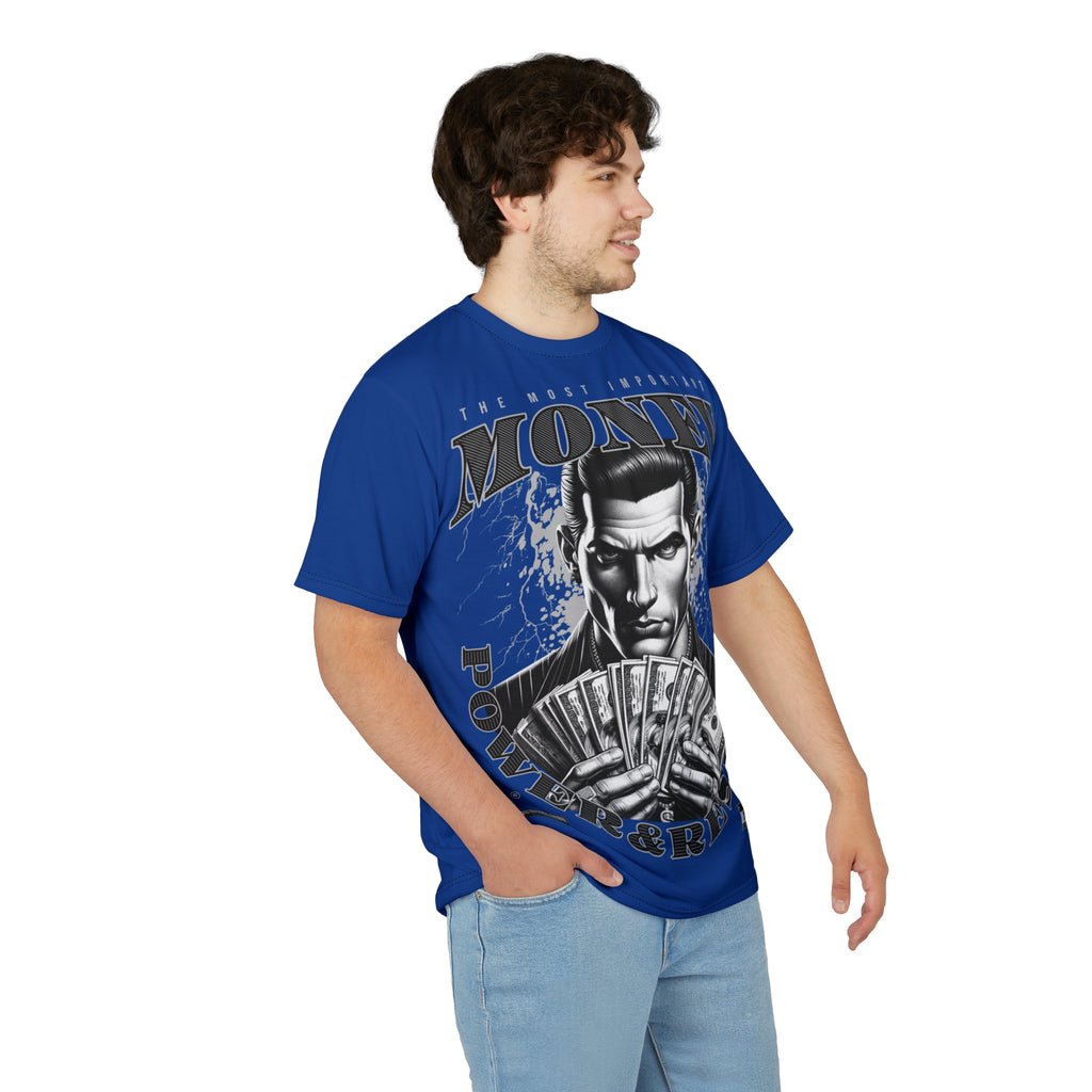 Streetwear-Money Power & Respect Graphic Tee — Bold Blue All-Over Print
