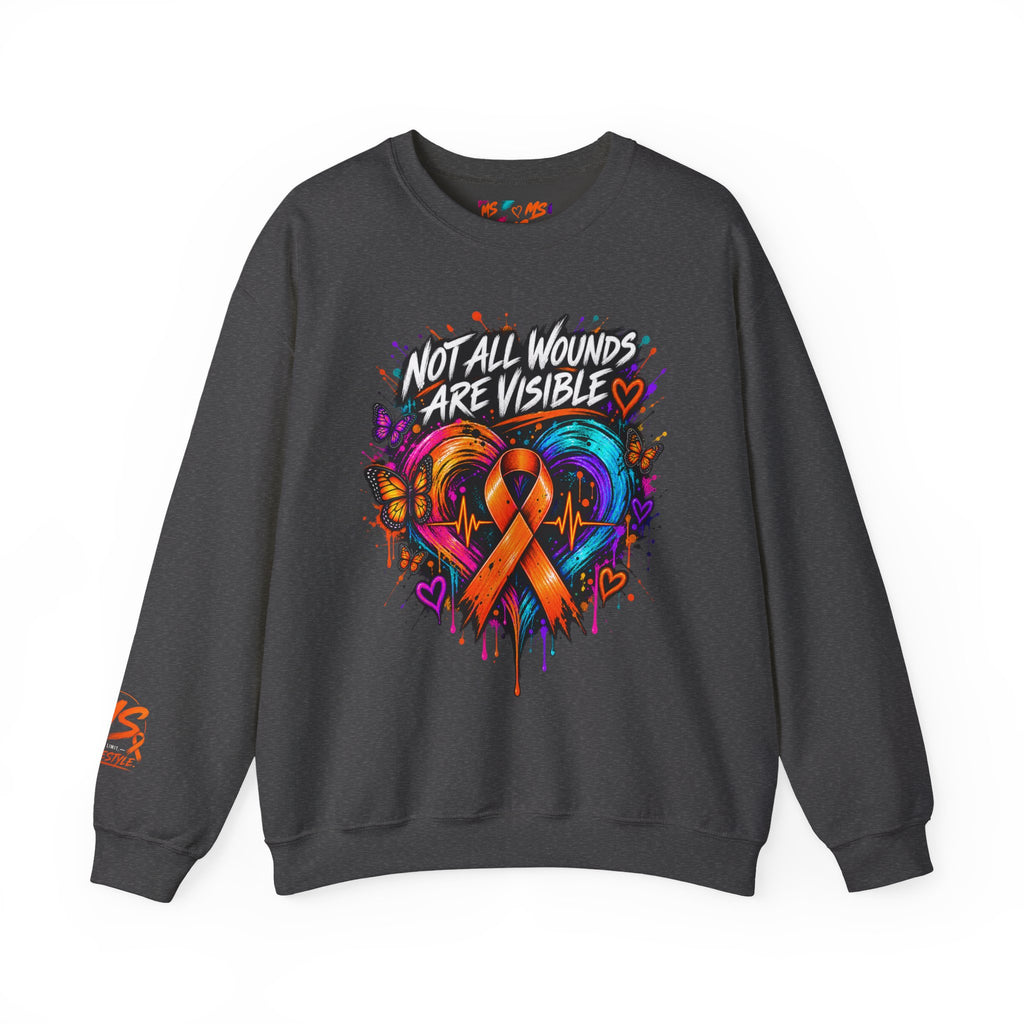 MS- Awareness Crewneck Sweatshirt — "Not All Wounds Are Visible" Orange Ribbon Design
