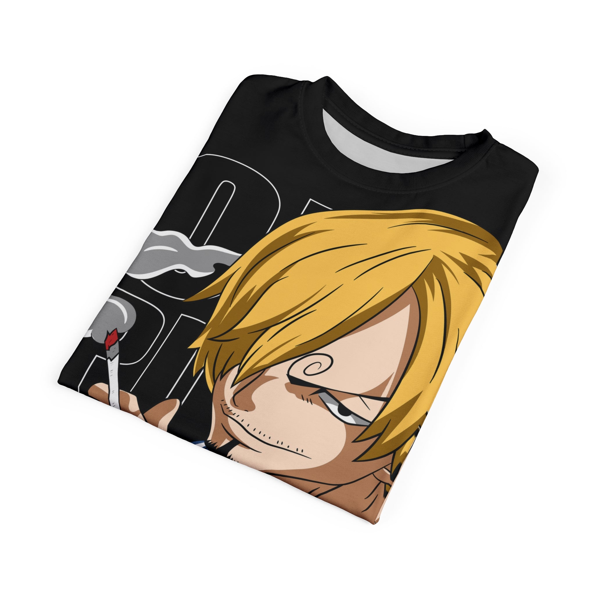 Anime- Character Graphic Tee — "One Piece" Sanji Smoking Split-Panel Design