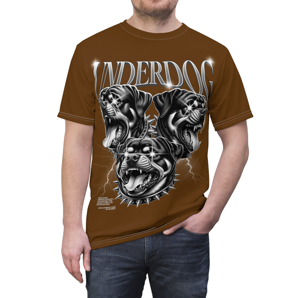 Streetwear- Underdog Triple-Headed Pitbull Tee — Graphic Brown AOP Shirt