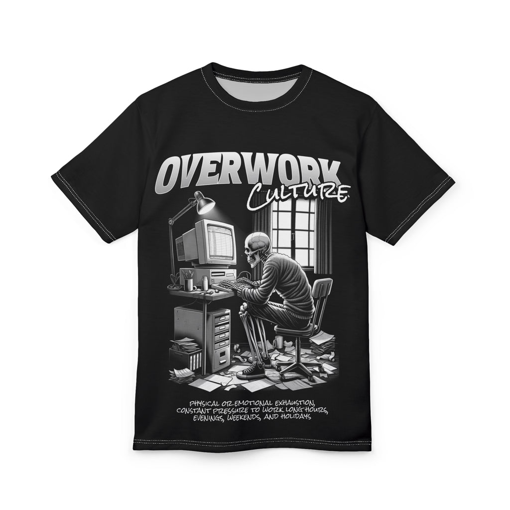 Mindset-Overwork Culture Tee — Skeleton at Desk All-Over Print