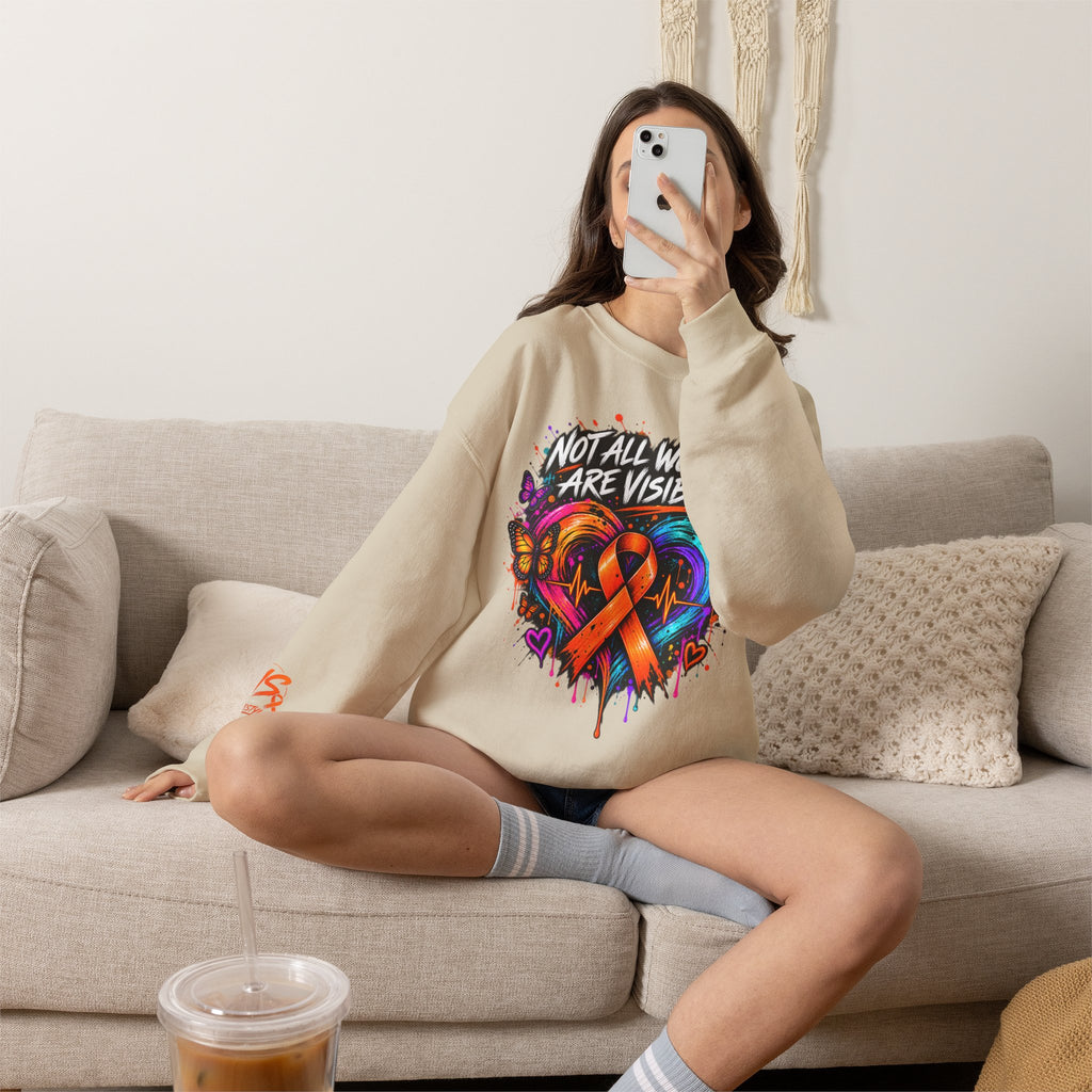 MS- Awareness Crewneck Sweatshirt — "Not All Wounds Are Visible" Orange Ribbon Design