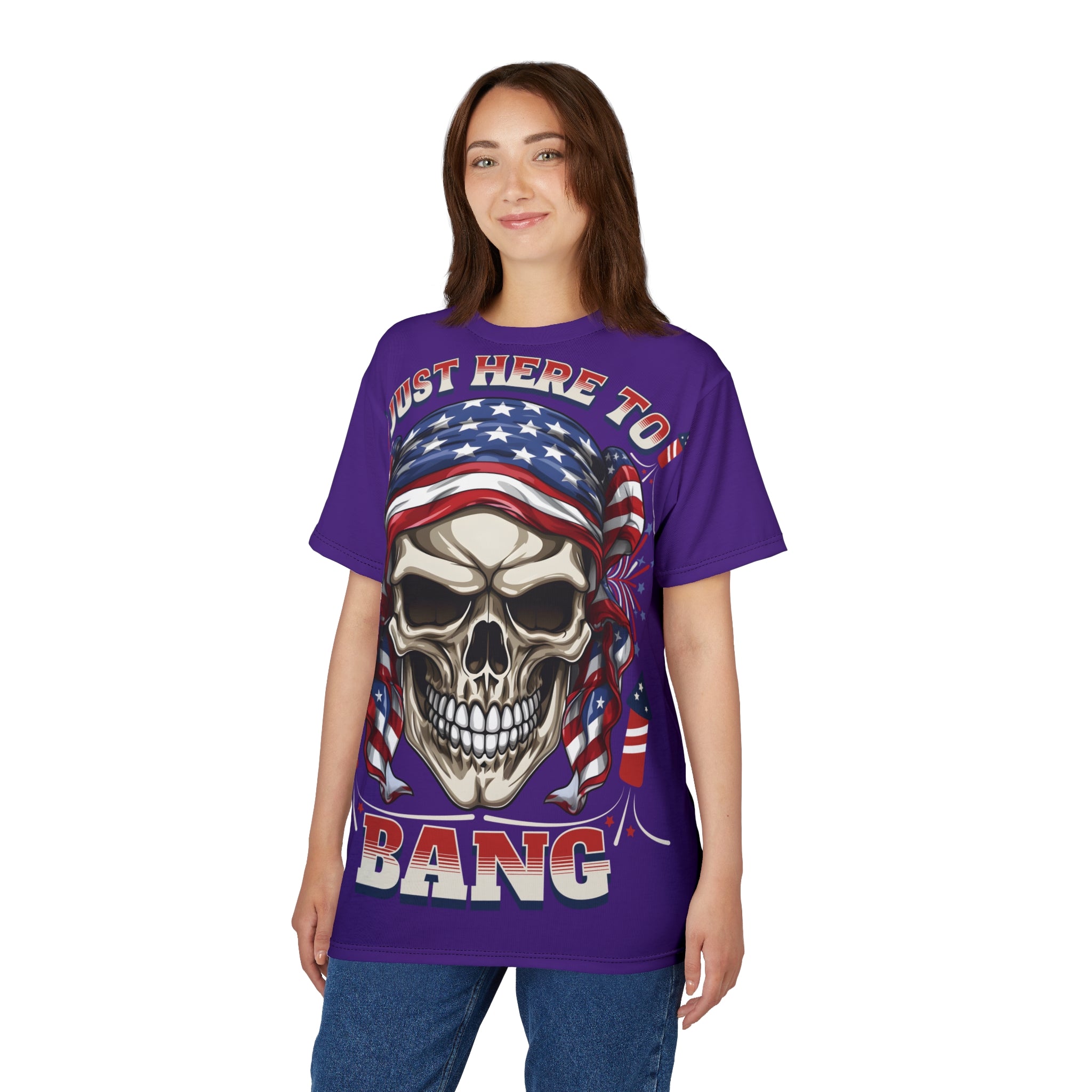 America-Patriotic Skull Tee — "Just Here to Bang" American Flag Graphic Shirt