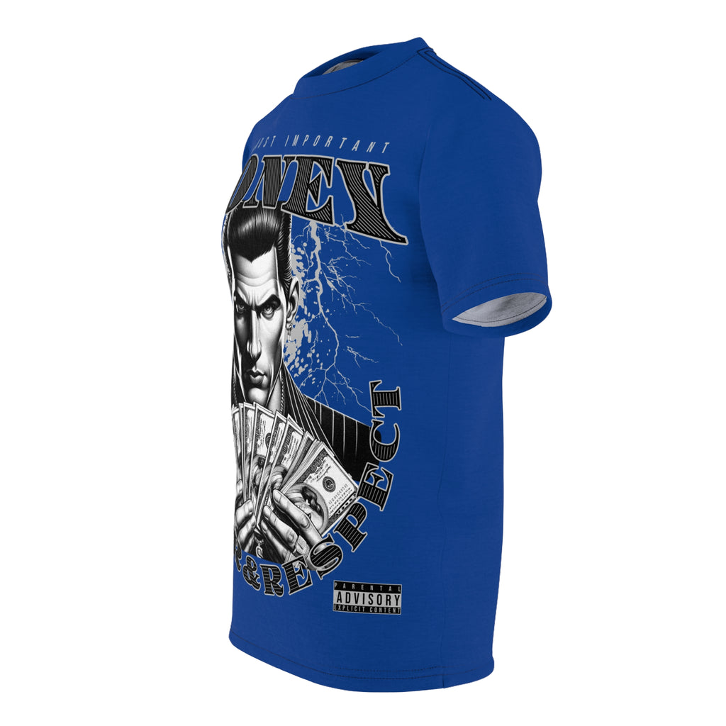 Streetwear-Money Power & Respect Graphic Tee — Bold Blue All-Over Print