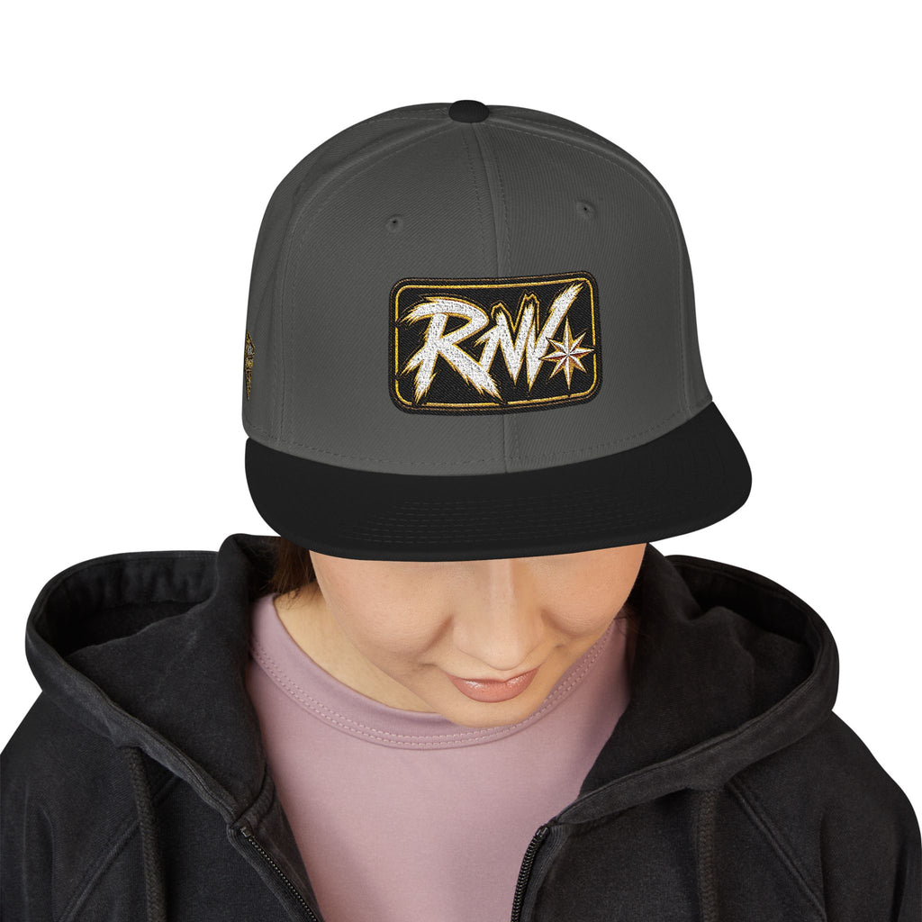 Hat-Embroidered Snapback Hat – Gold Glitter 'RW' Logo Flat Brim Cap