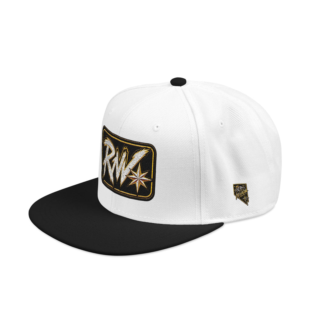 Hat-Embroidered Snapback Hat – Gold Glitter 'RW' Logo Flat Brim Cap