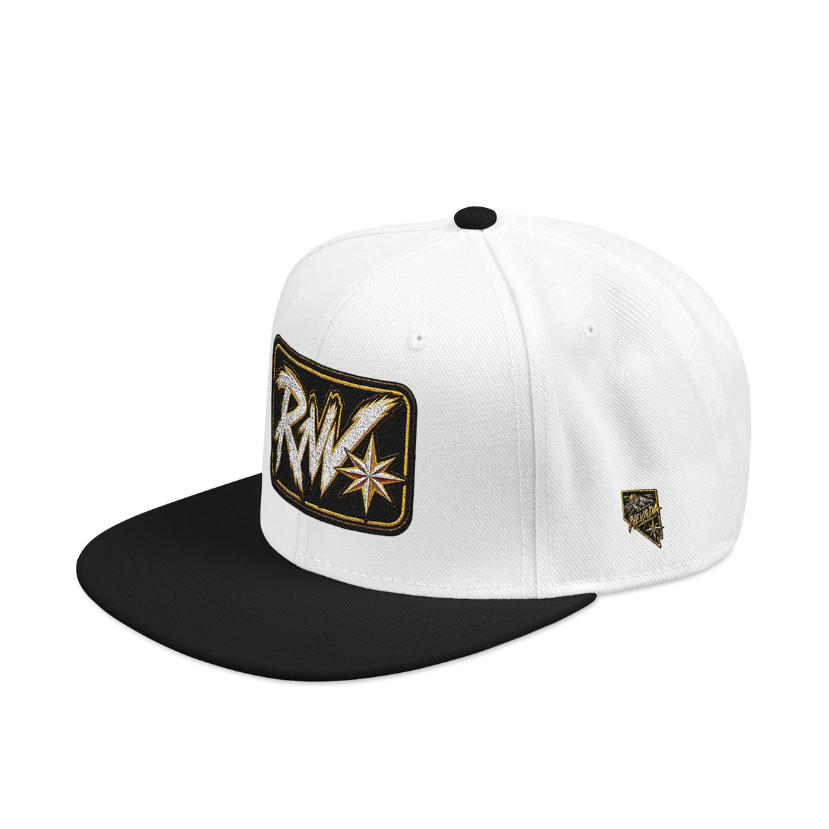Hat-Embroidered Snapback Hat – Gold Glitter 'RW' Logo Flat Brim Cap