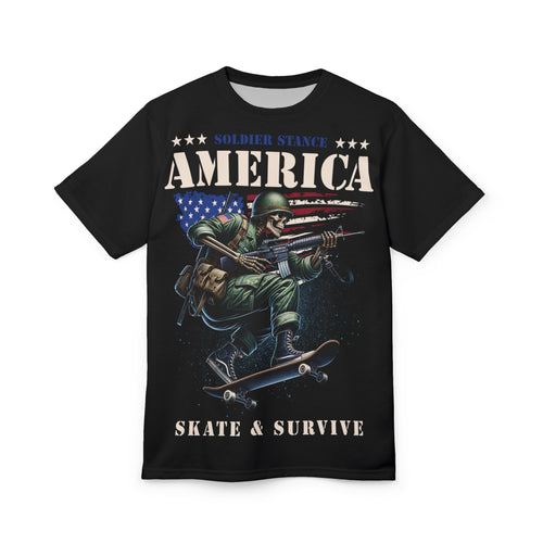 America -Skate & Survive Tee — Soldier Stance Patriotic Skateboarding T‑Shirt