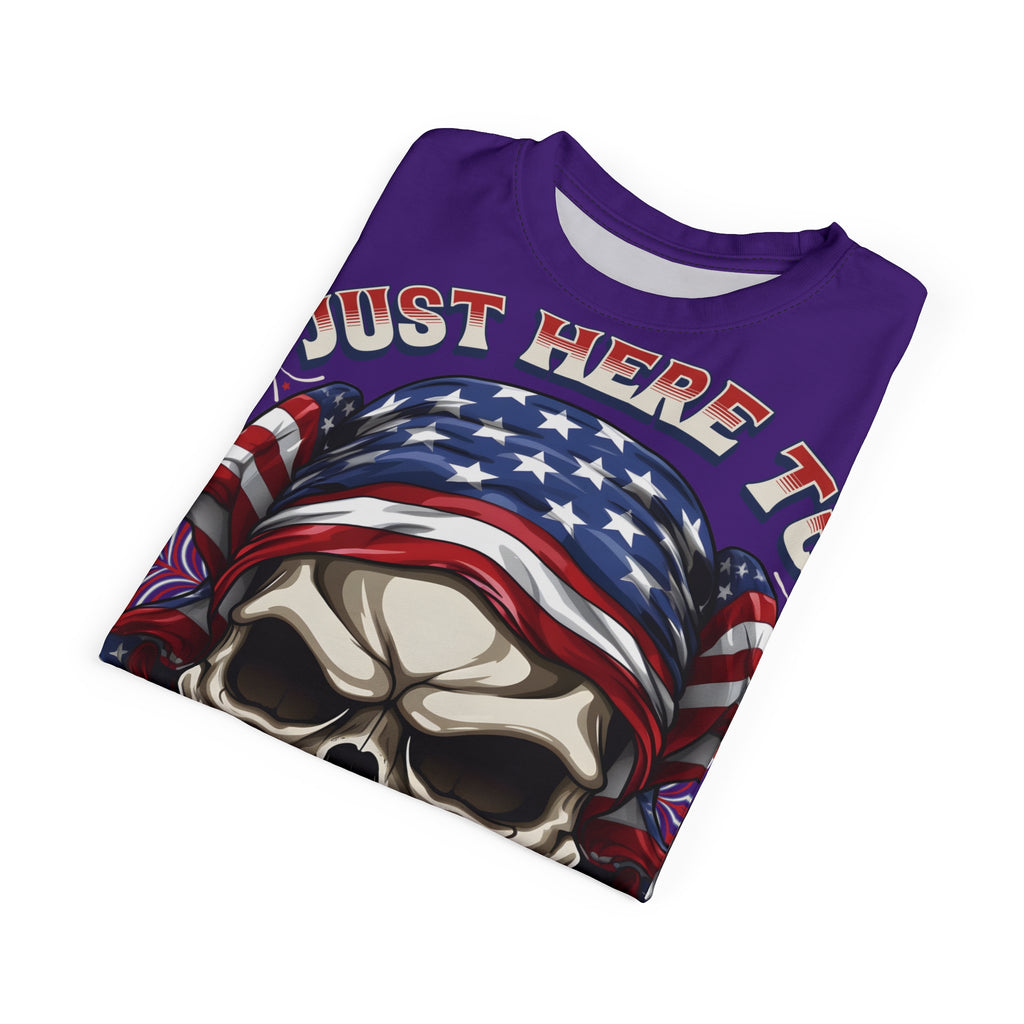 America-Patriotic Skull Tee — "Just Here to Bang" American Flag Graphic Shirt