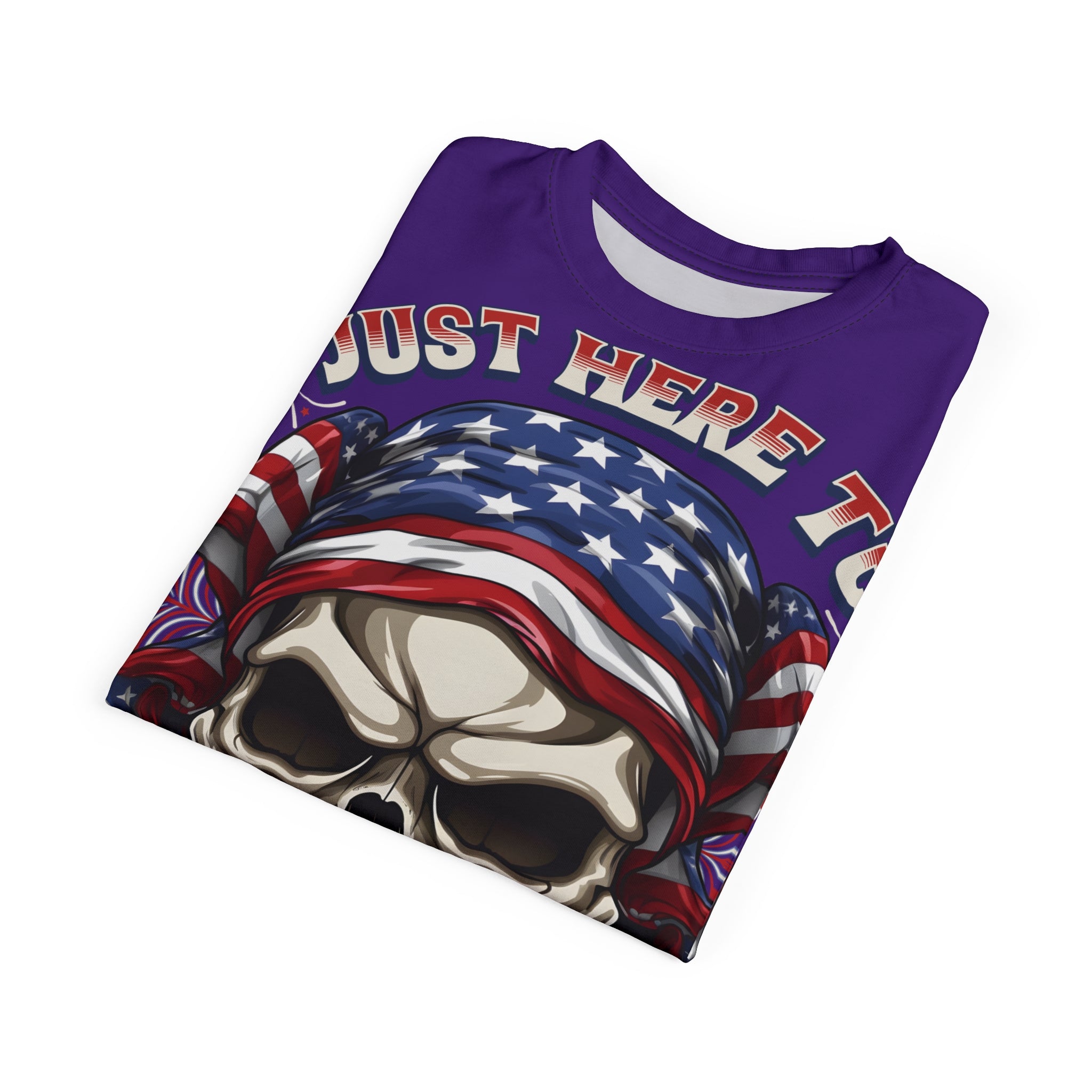 America-Patriotic Skull Tee — "Just Here to Bang" American Flag Graphic Shirt