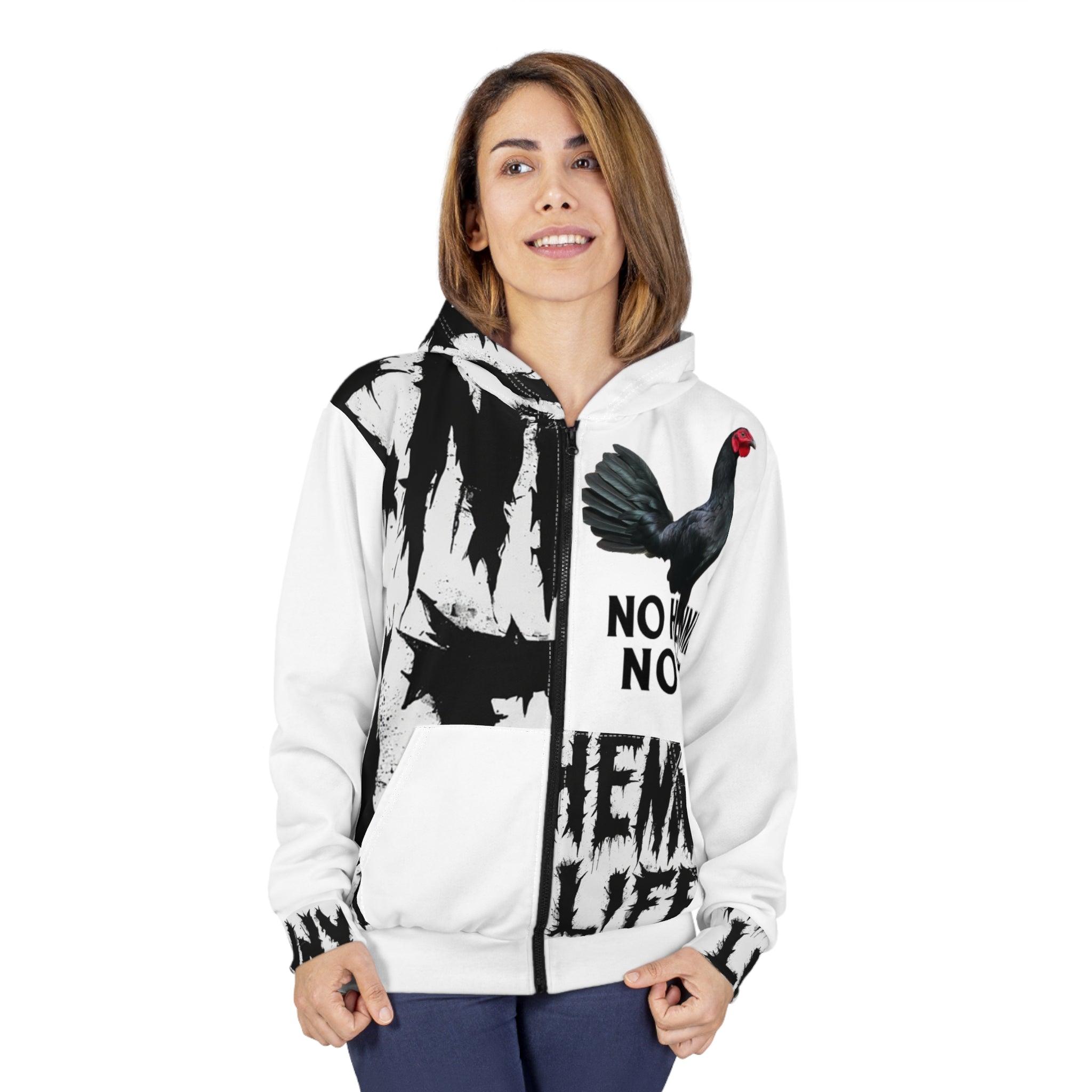 Henny- No Hennie No Life Zip Hoodie — Black & White Rooster Graphic Hoodie