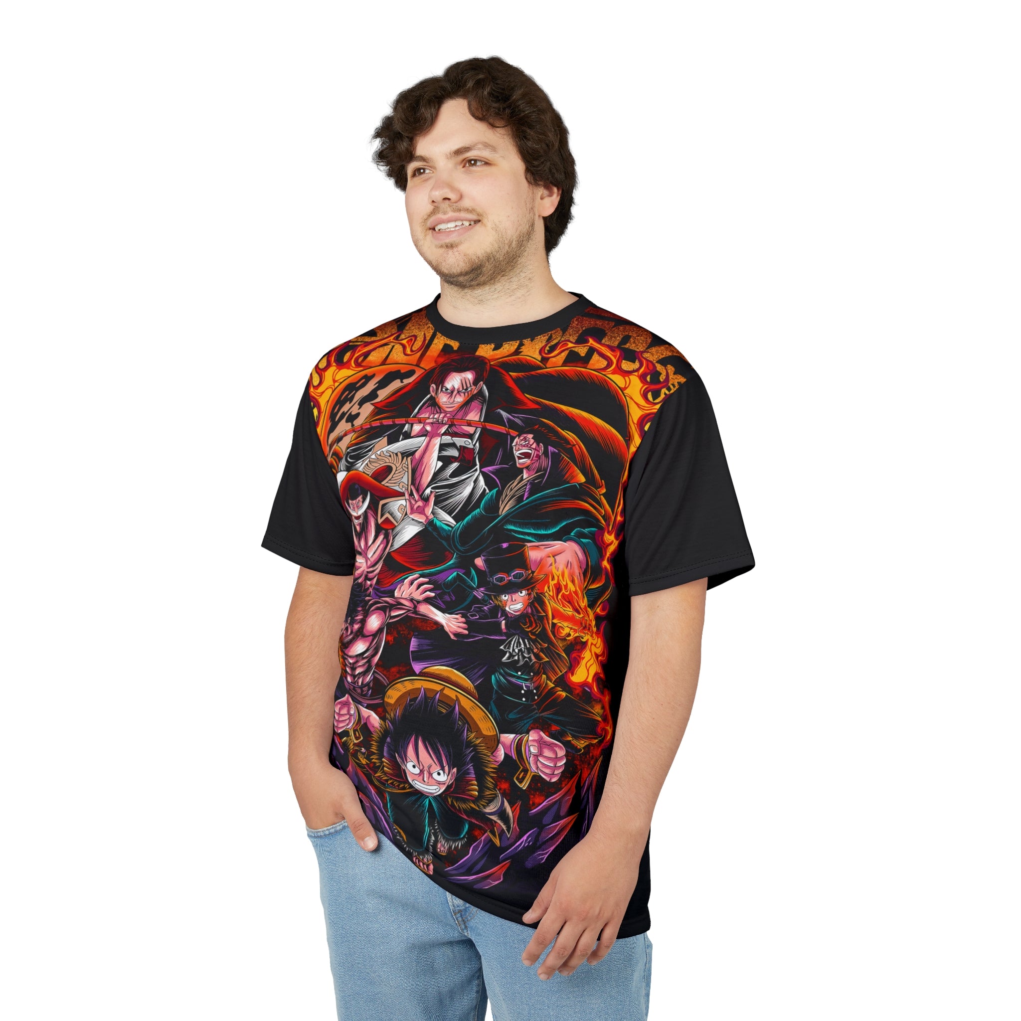 Anime- Crew Battle All-Over Print Tee — Luffy & Flames Anime T-Shirt