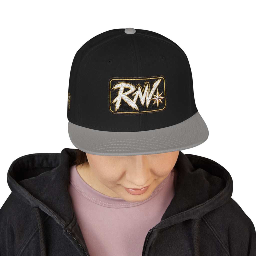 Hat-Embroidered Snapback Hat – Gold Glitter 'RW' Logo Flat Brim Cap