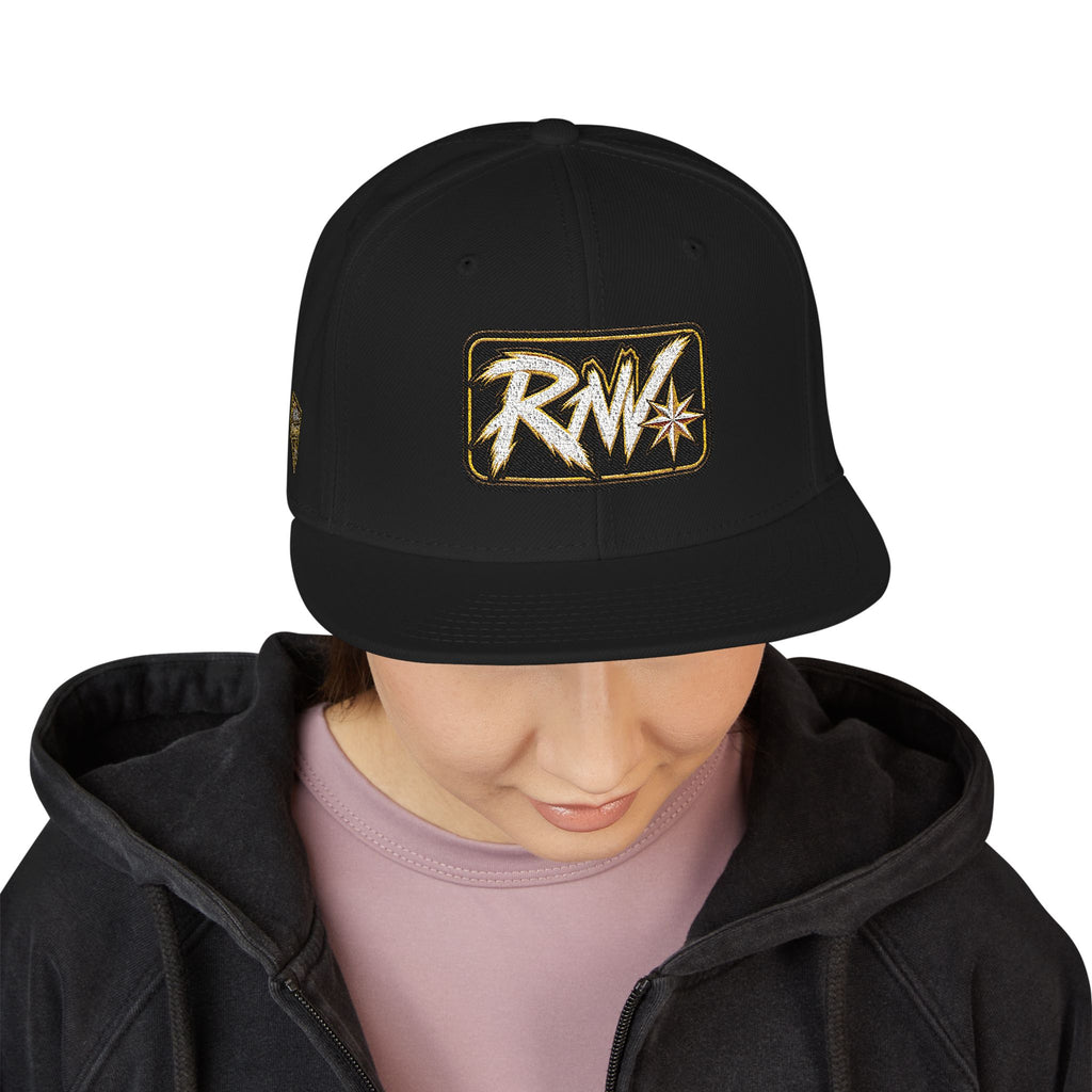 Hat-Embroidered Snapback Hat – Gold Glitter 'RW' Logo Flat Brim Cap