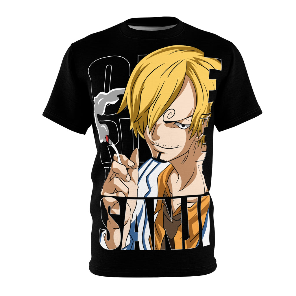 Anime- Character Graphic Tee — "One Piece" Sanji Smoking Split-Panel Design