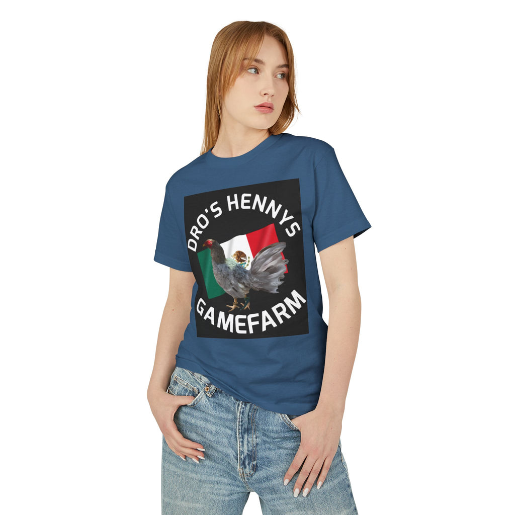 Henny-Gamefarm Hen T‑Shirt — "Dro's Henny's Gamefarm" Mexican Flag Poultry Tee