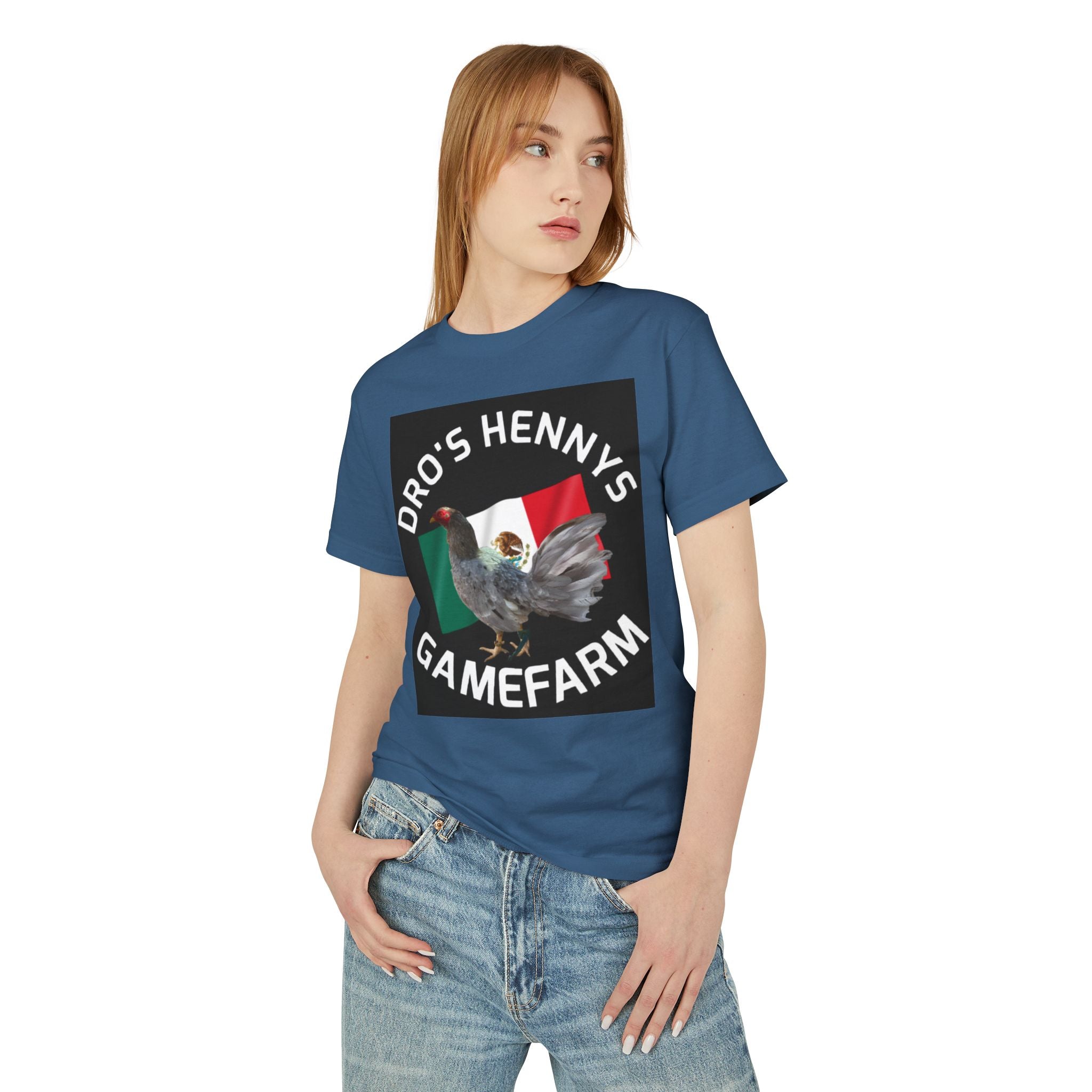 Henny-Gamefarm Hen T‑Shirt — "Dro's Henny's Gamefarm" Mexican Flag Poultry Tee