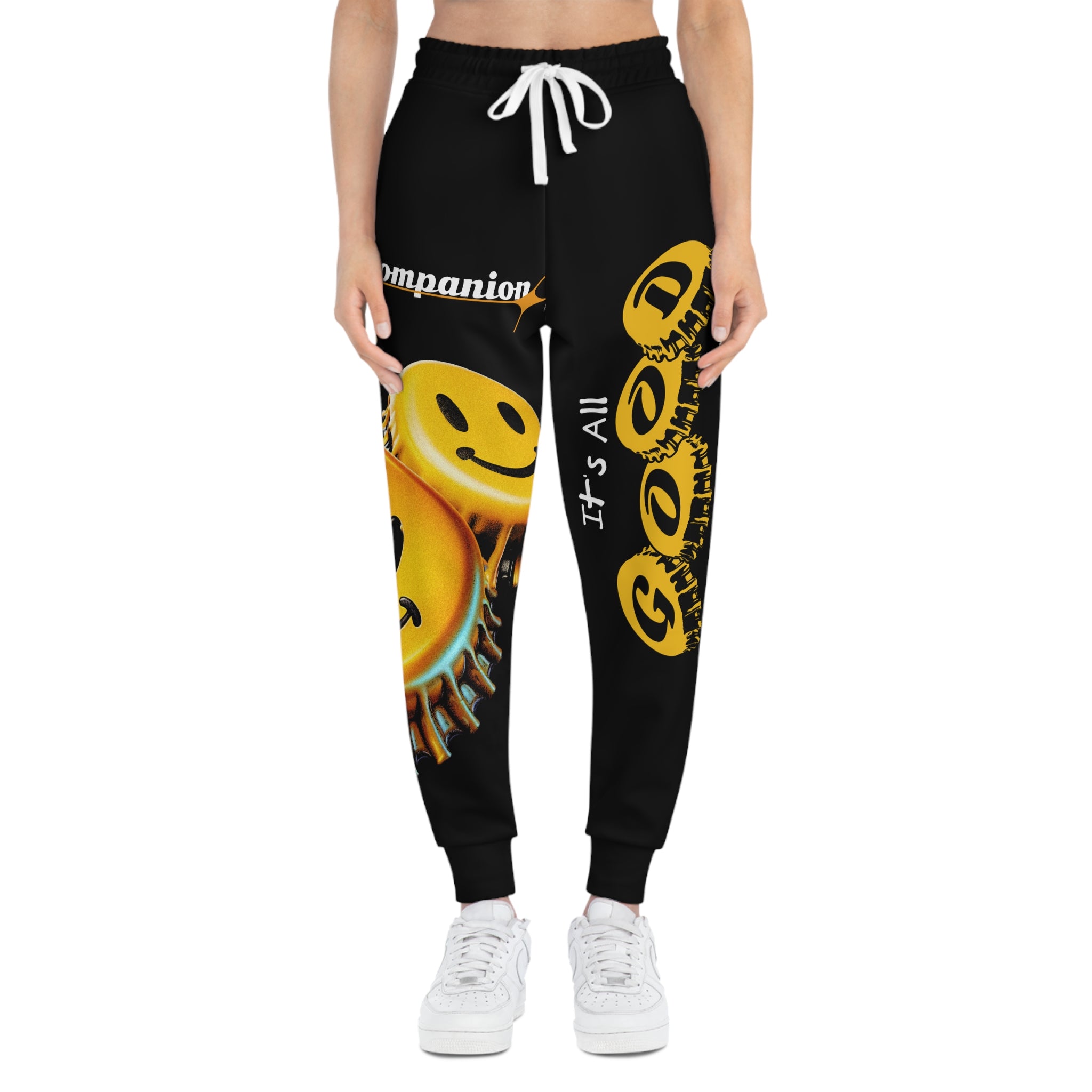Joggers-Smiley Bottle Cap Athletic Joggers — "It's All Good" Graphic