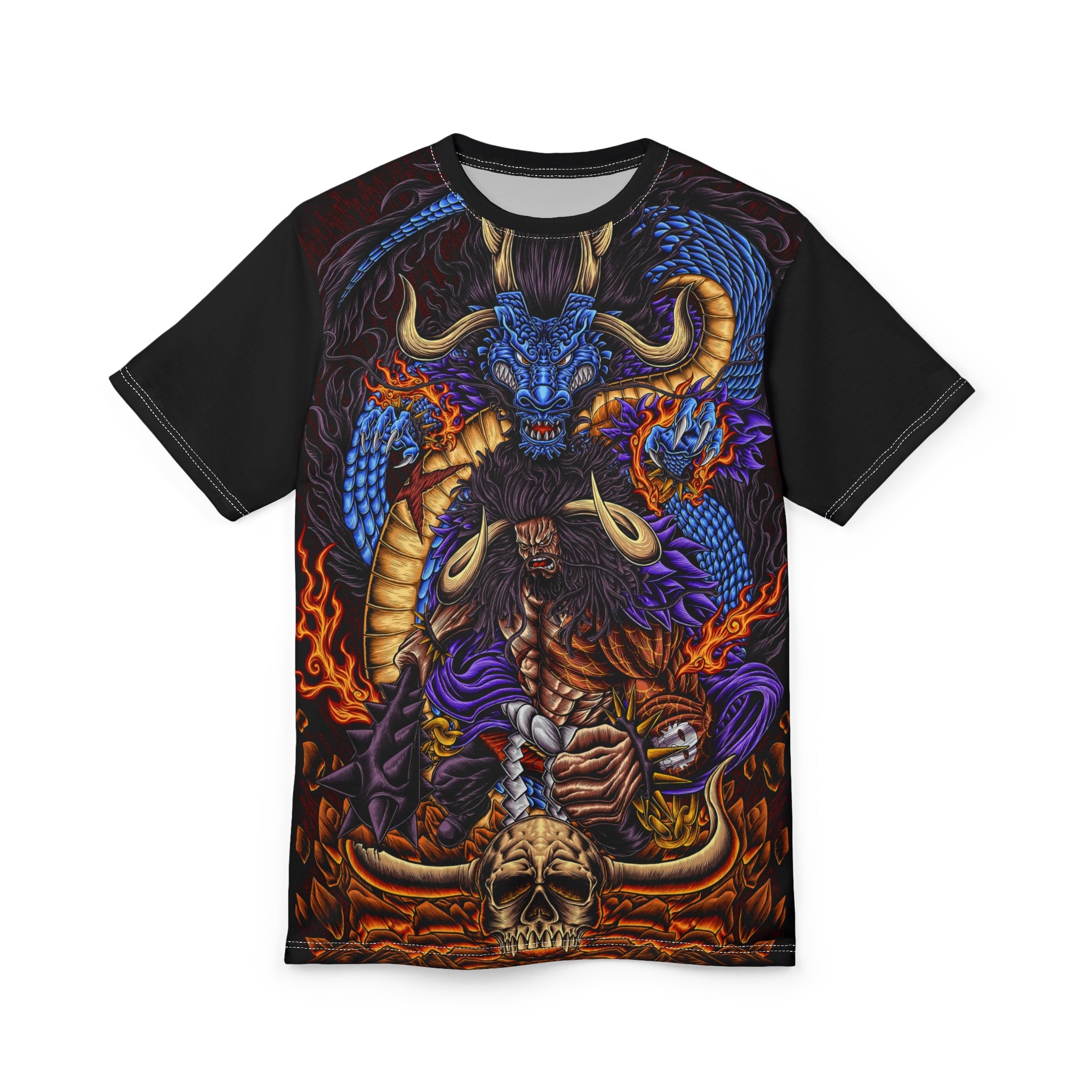 Anime- All-Over Print Tee — Fiery Skull & Serpent Graphic