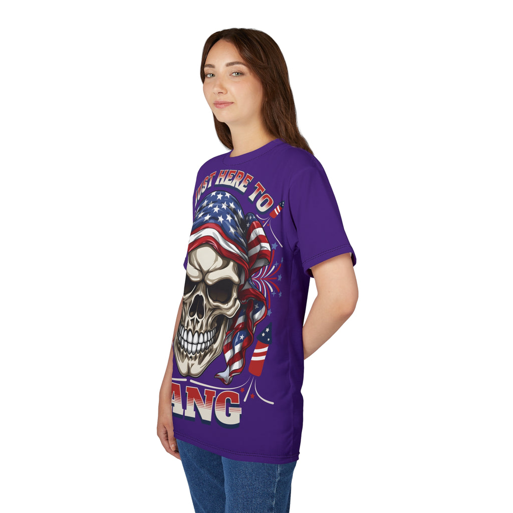 America-Patriotic Skull Tee — "Just Here to Bang" American Flag Graphic Shirt