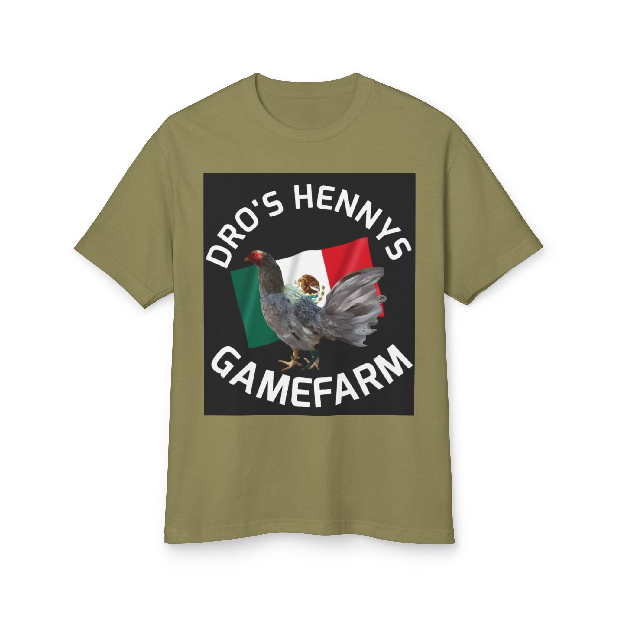 Henny-Gamefarm Hen T‑Shirt — "Dro's Henny's Gamefarm" Mexican Flag Poultry Tee