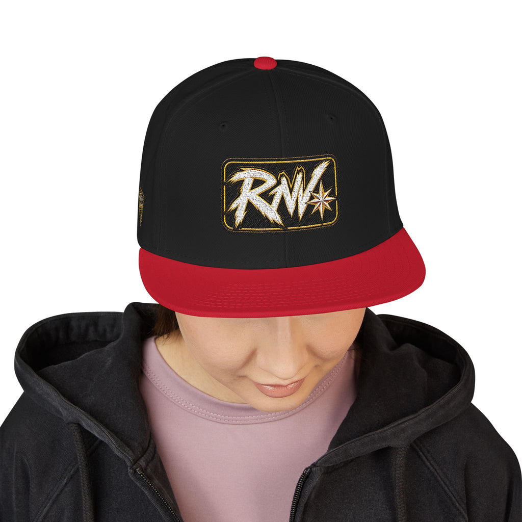 Hat-Embroidered Snapback Hat – Gold Glitter 'RW' Logo Flat Brim Cap