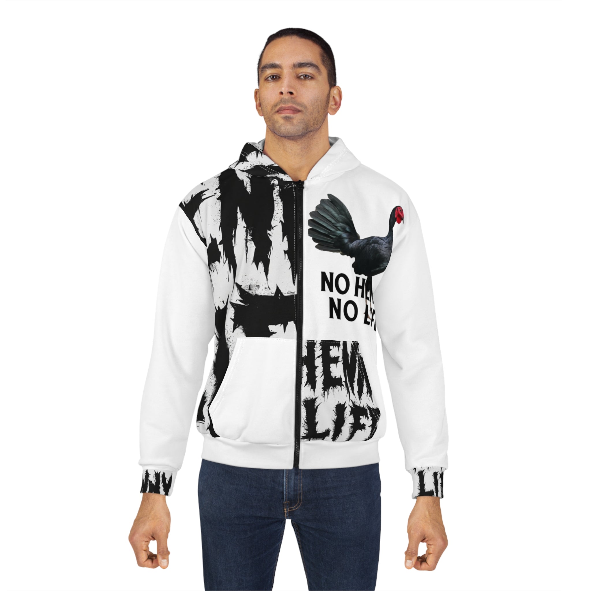 Henny- No Hennie No Life Zip Hoodie — Black & White Rooster Graphic Hoodie