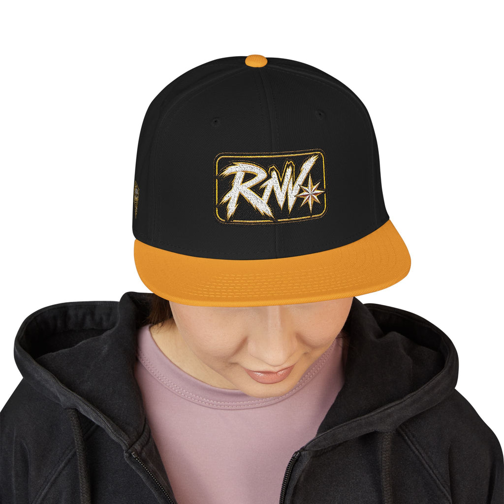 Hat-Embroidered Snapback Hat – Gold Glitter 'RW' Logo Flat Brim Cap