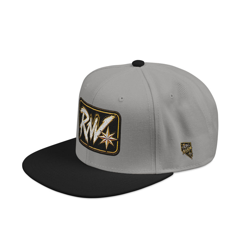 Hat-Embroidered Snapback Hat – Gold Glitter 'RW' Logo Flat Brim Cap