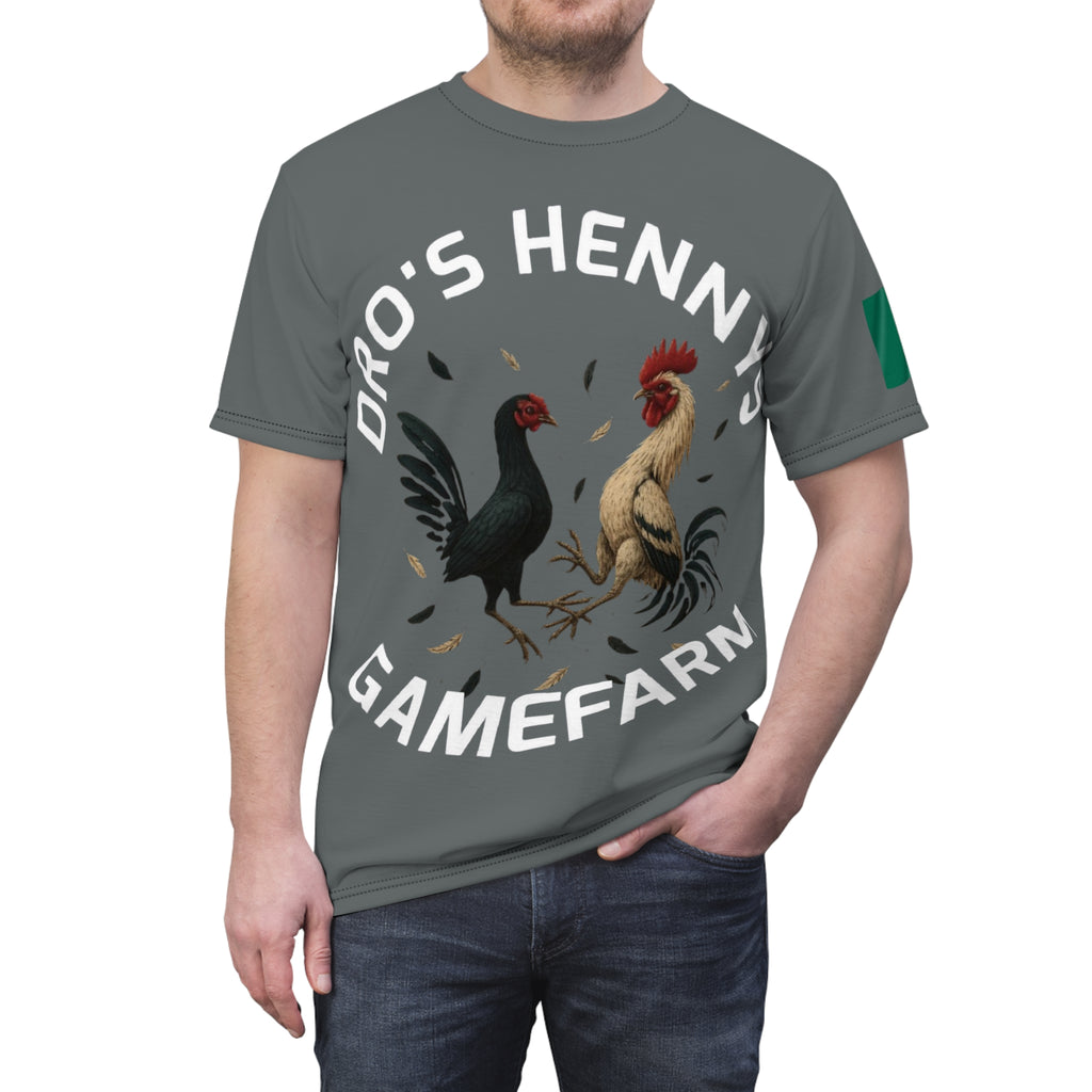 Henny- Gamefarm Roosters T‑Shirt — "Dro's Henny's Gamefarm" All‑Over Print Tee