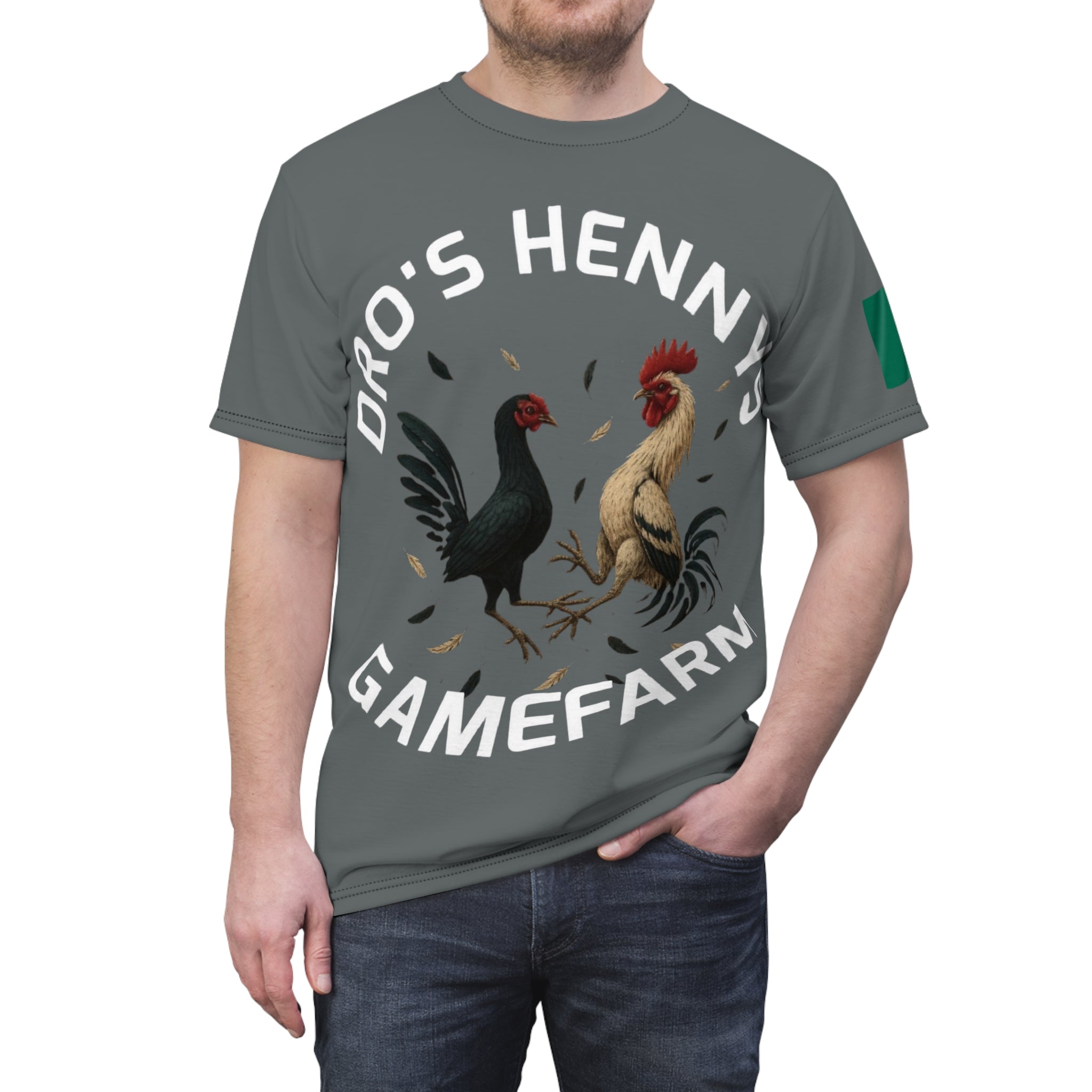 Henny- Gamefarm Roosters T‑Shirt — "Dro's Henny's Gamefarm" All‑Over Print Tee
