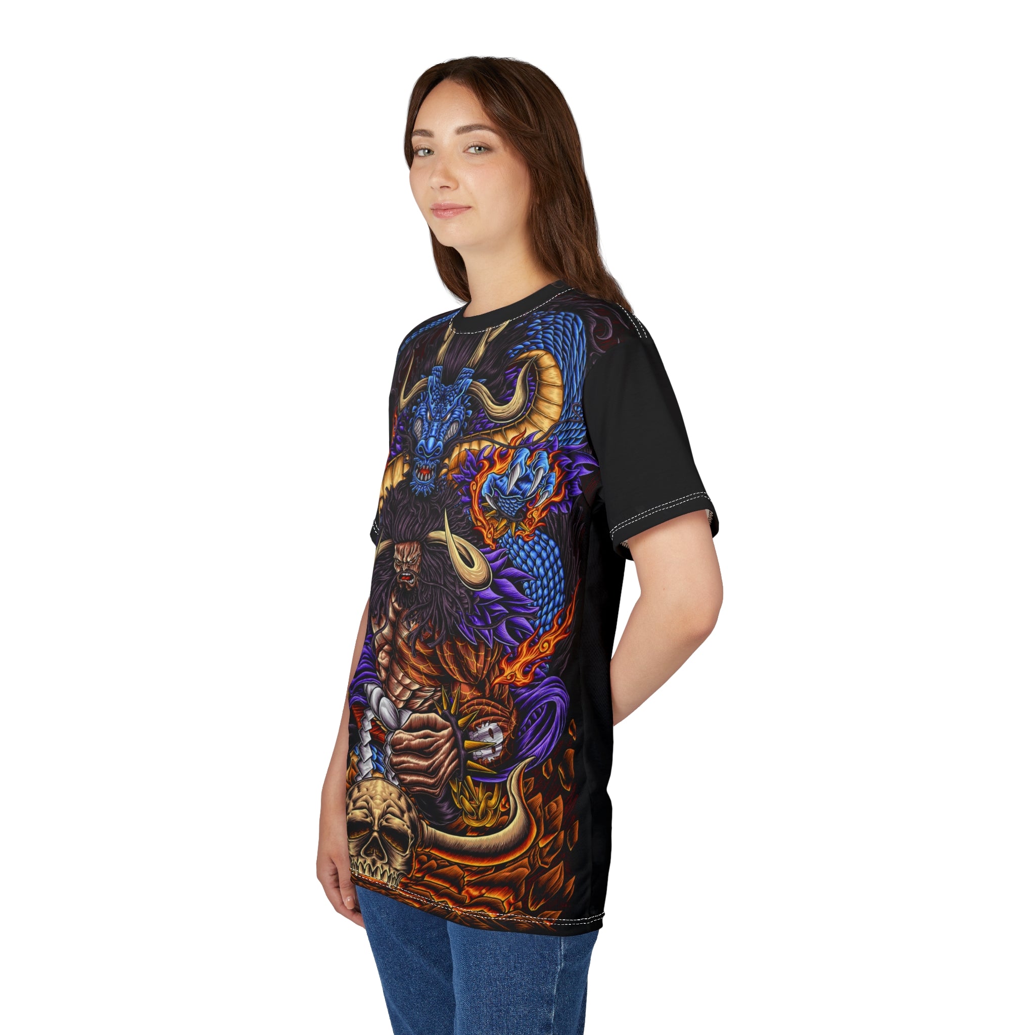 Anime- All-Over Print Tee — Fiery Skull & Serpent Graphic