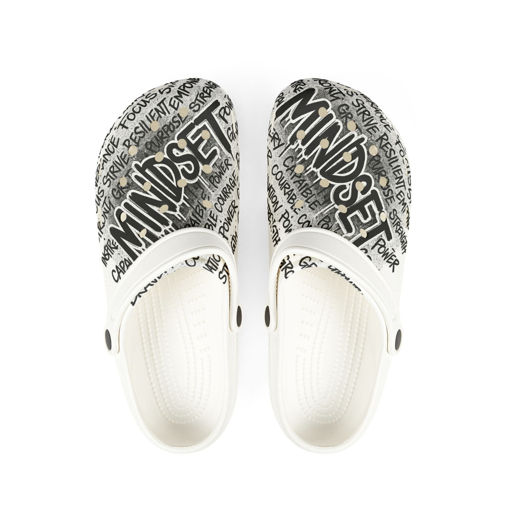 Mindset Graphic Clogs — EVA Foam Comfort Shoes with Motivational Doodle Print
