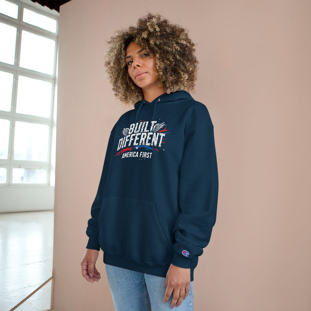 Ant-America First Champion Hoodie — 'Built Different' Patriotic Eagle Pullover