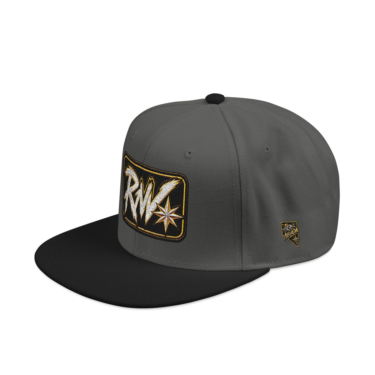 Hat-Embroidered Snapback Hat – Gold Glitter 'RW' Logo Flat Brim Cap